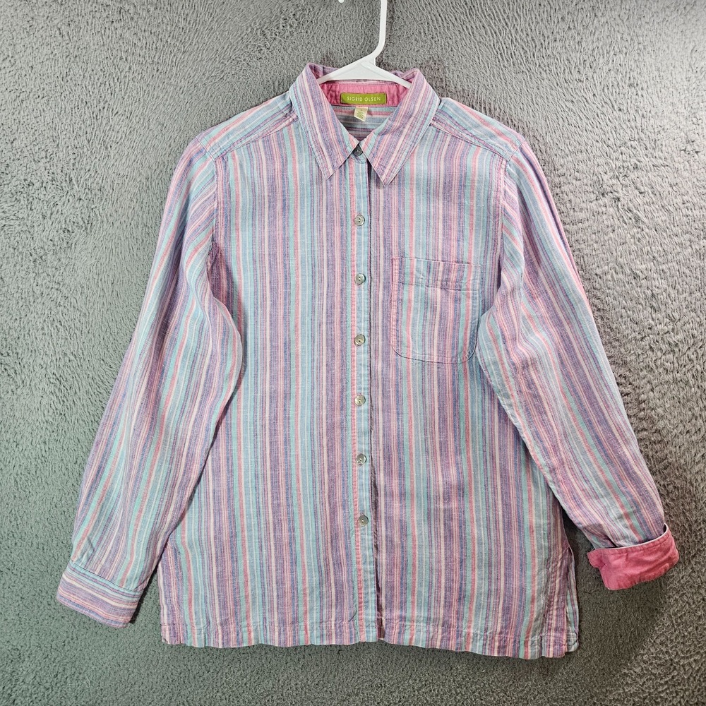 Sigrid Olsen 100% Linen Shirt Top Women Small Button‎ Up Pink Blue White Striped